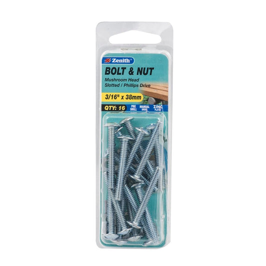Zenith Mushroom Head Bolt & Nut - 3/16 x 38mm - 16 Pack - Zinc Plated - Auzzistore