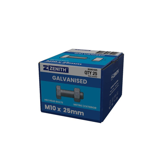 Zenith M10 x 25mm Hot Dip Galvanised Hex Head Bolts and Nuts 25 Pack - Durable Fastening Solutions - Auzzistore