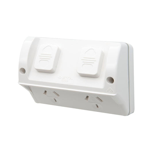Deta Outdoor Double Power Point - 2 Outlets - 85mm x 55mm x 115mm - White - Auzzistore