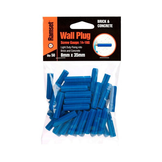 Ramset Blue Wall Plugs 8 x 35mm Plastic 50 Pack Easy Insertion - Auzzistore