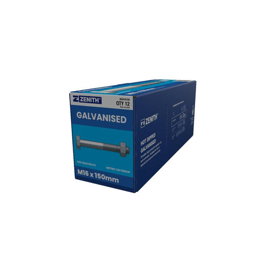 Zenith Hex Head Bolt - M16 x 150mm - 12 Pack - Hot Dip Galvanised - Auzzistore