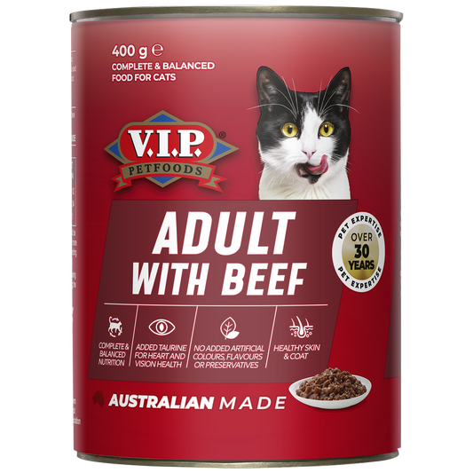 VIP Beef Flavour Adult Wet Cat Food - 12 Pack 400g - Australian Made - Taurine Enriched