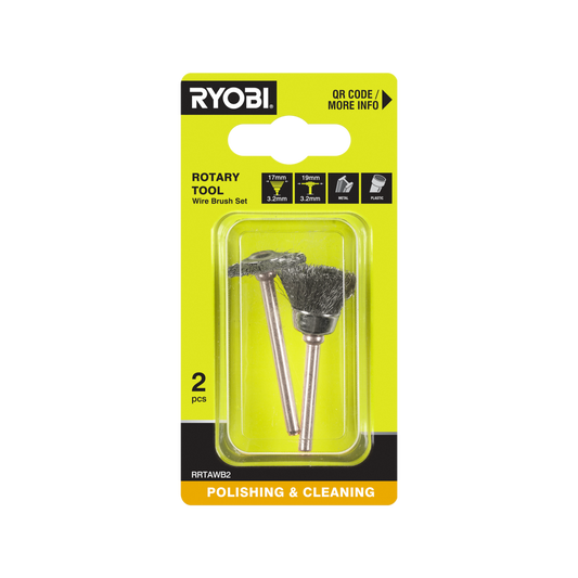 Ryobi Wire Brush 2 Pack - 17mm Fanned & 19mm Flat Steel Brushes - 15,000 RPM - Auzzistore
