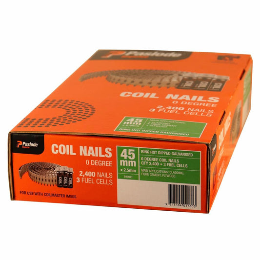 Paslode 45mm x 2.5mm Impulse Hot Dip Galvanised Ring Shank Coil Nails - 2400 Box - Auzzistore