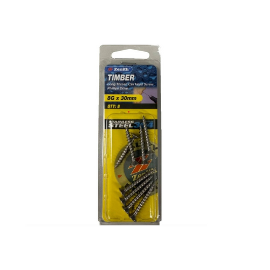 Zenith 8G x 30mm Stainless Steel Counter Sunk Screws 8 Pack - Auzzistore
