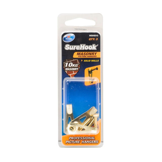 Zenith Masonry Picture Hanger - 3 Pack - Brass Plated - 10kg Weight Rated