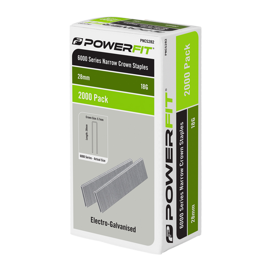 Powerfit 28mm Electro Galvanised Narrow Crown Staples - 2000 Pack - 18 Gauge - Corrosion Resistant
