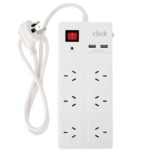 Click 6 Outlet Power Board - 90cm Cable - Surge Protection - Compact Design
