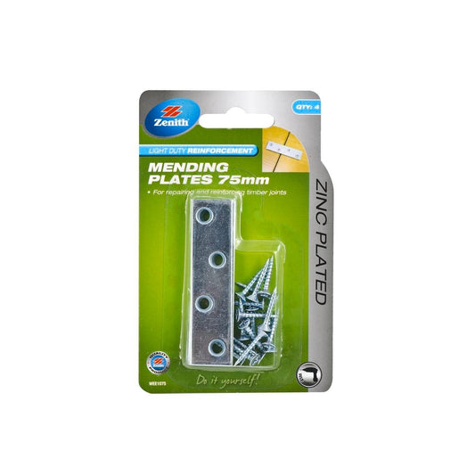 Zenith Mending Plates 75mm Zinc Plated 4 Pack Reinforce Timber Joints - Auzzistore