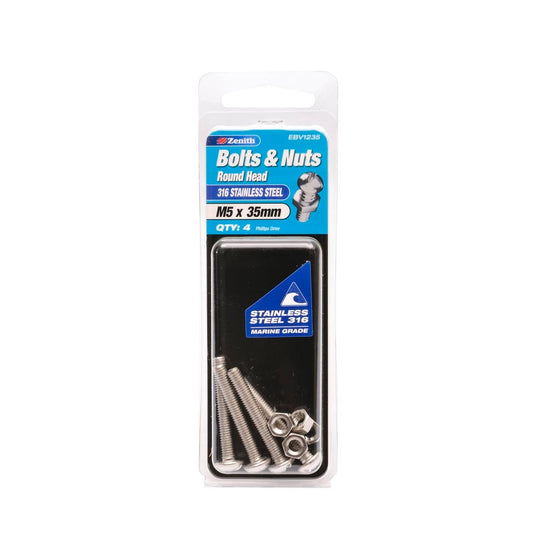 Zenith 35mm 316 Stainless Steel Round Head Bolt and Nut 4 Pack - Auzzistore