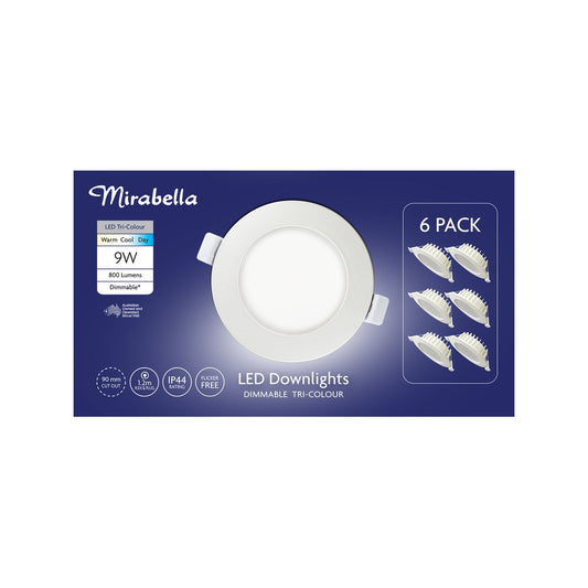 Mirabella 9W LED Downlights 6 Pack - 800lm - Dimmable - Tri-Colour - IP44