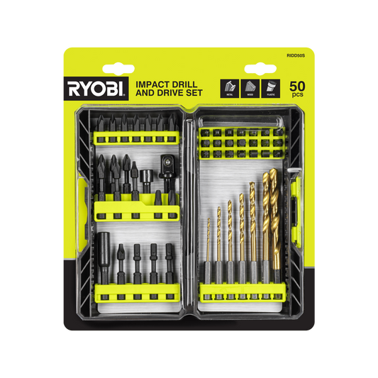 Ryobi 50 Piece Impact Drill and Drive Set - 225.4mm x 53mm x 254mm - Impact Absorption - Auzzistore