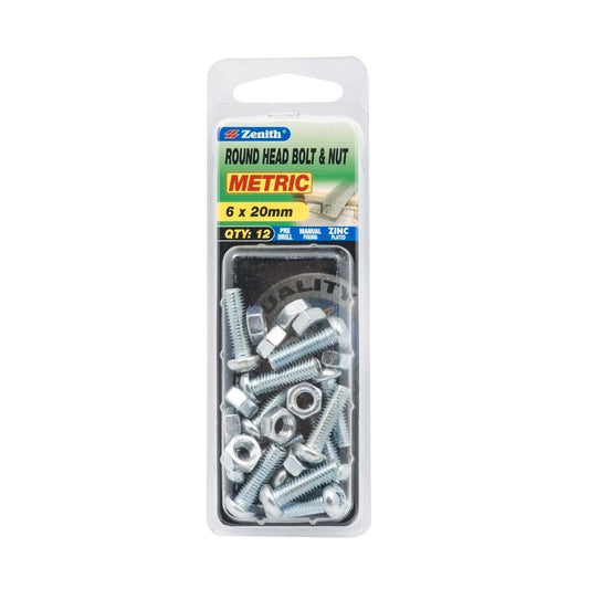 Zenith Round Head Bolt & Nut - 6 x 20mm - Zinc Plated - 12 Pack - Auzzistore