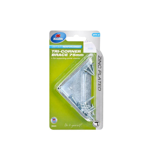 Zenith Tri Corner Brace - 75mm - Zinc Plated - Light Duty - 2 Pack - Auzzistore