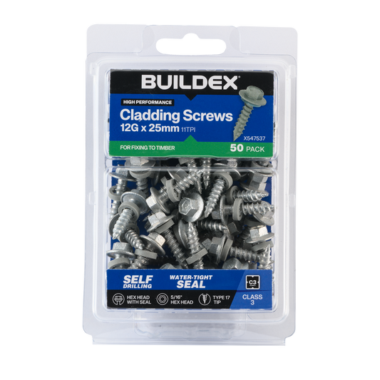 Buildex Cladding Screws 12g x 25mm - 50 Pack - Zinc-Alloy - Corrosion Resistant - Auzzistore