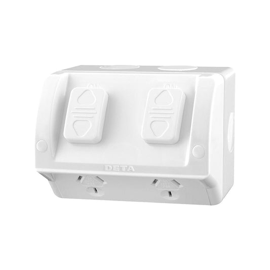 Deta Outdoor Double Outlet PowerPoint - 250V 10 Amp - Rhodium Plated - IP54 Weatherproof - Auzzistore