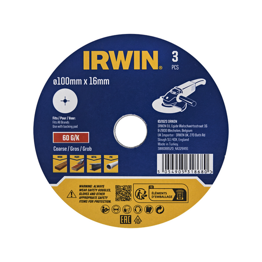 Irwin 100mm Fibre Disc 3 Pack - 60 Grit - Aluminium Oxide - De-burring, Rust Removal - Auzzistore