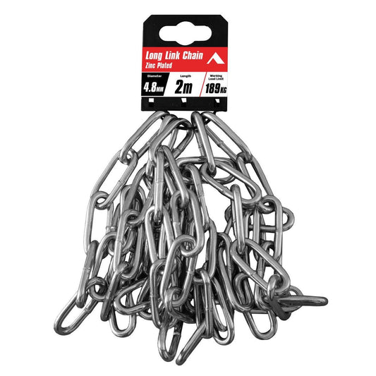 Pinnacle 4 Zinc Plated Long Link Chain 8mm x 2m - Rust Protection - 189kg Load Rating - Auzzistore