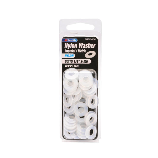 Zenith Nylon Washer 50 Pack - 1/4" & M6 - White - Auzzistore