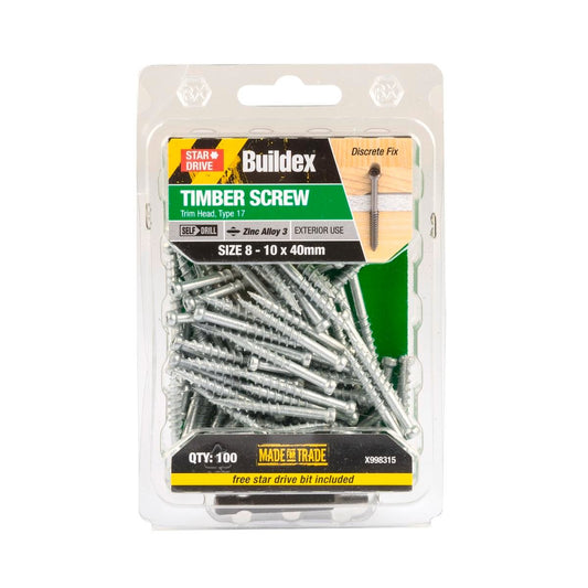 Buildex Trim Head Timber Screw 8 x 40mm Zinc Alloy 3 100 Pack - Auzzistore