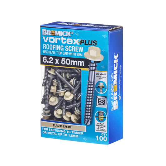 Bremick Vortex Plus Roofing Screw 6.2 x 50mm - Hex B8 - Box of 100 - Watertight Seal - Durable Carbon Steel - Auzzistore