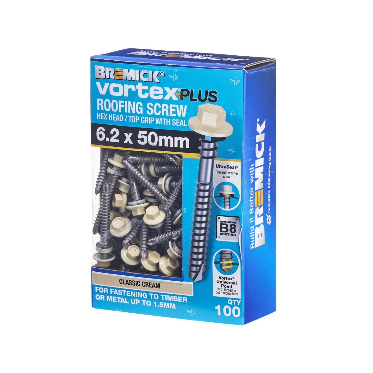 Bremick Vortex Plus Roofing Screw 6.2 x 50mm - Hex B8 - Box of 100 - W ...