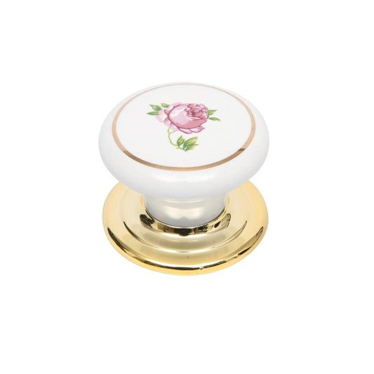 Prestige 38mm Ceramic Knob - White Pink Flower - Easy To Clean