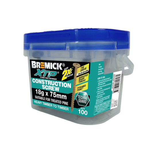 Bremick Xtp Construction Screw 18g x 75mm - TechnoGuard Tan - 100 Pack - Serrated Washer Head - Pyramid Point - Auzzistore