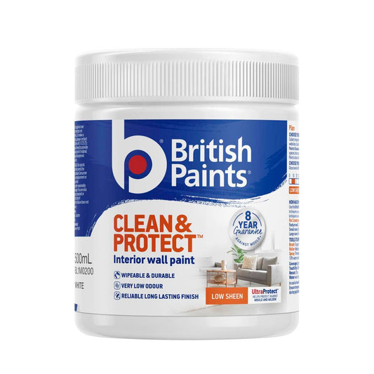 British Paints Clean and Protect Low Sheen Paint 500ml - White - Durable Finish - Auzzistore
