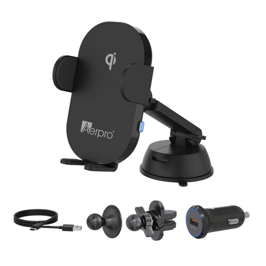 Aerpro Wireless Qi Charging Smartphone Holder Kit APWCAG1 - 15W - Black - Auto-Sensing Grip - Adjustable Foot Stand