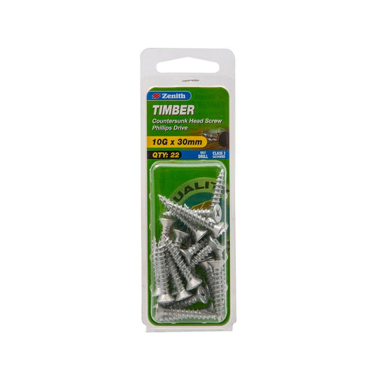 Zenith 10g Galvanised Countersunk Head Timber Screws 22 Pack - 30mm - Self-Drilling - Auzzistore