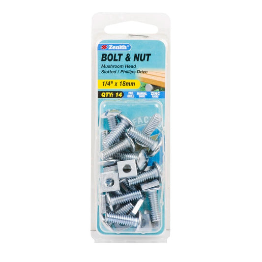 Zenith Zinc Plated Mushroom Head Bolt and Nut 14 Pack - 1/4 x 18mm - Silver - Auzzistore