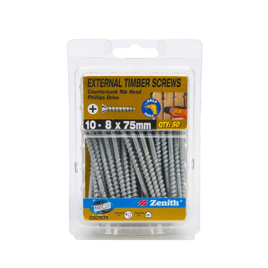 Zenith Timber Screws 10 x 75mm Galvanised 50 Pack Maximum Grip - Auzzistore