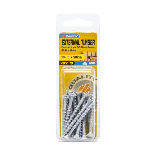 Zenith Timber Screws - 8 x 50mm Galvanised - Coarse Thread - 15 Pack - Auzzistore