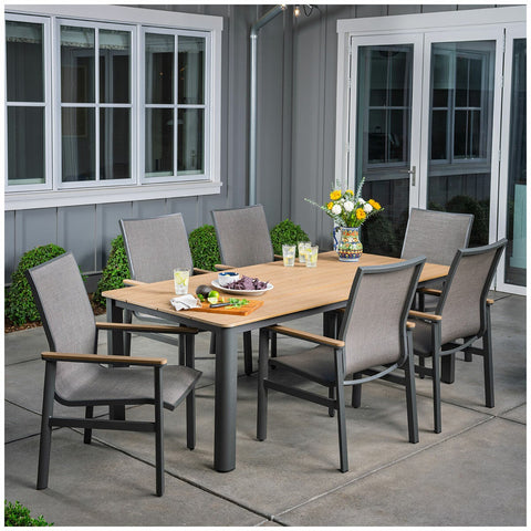 SunVilla Sara 7 Piece Sling Dining Set Aluminium Frame Faux Wood Table
