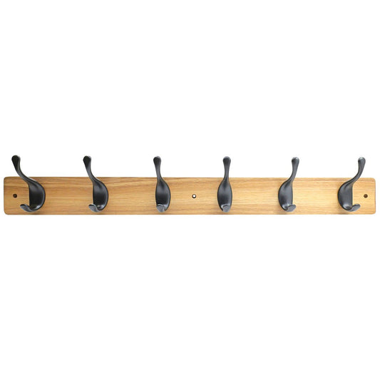 Adoored 6 Double Black Hook Pine Board Deco Hook Rack - 690mm - Natural Pine Finish