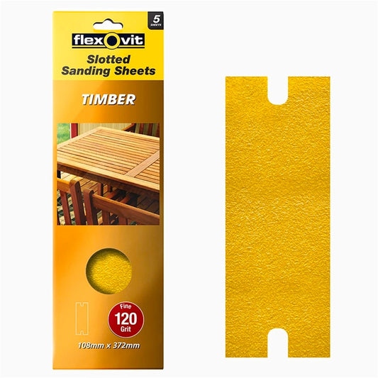 Flexovit 120 Grit Timber Slotted Sanding Sheet 108 x 372mm 5 Pack - Auzzistore