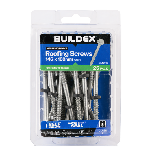 Buildex 14g x 100mm Class 3 Roofing Screws - 25 Pack - Zinc-alloy - Type 17 - Auzzistore