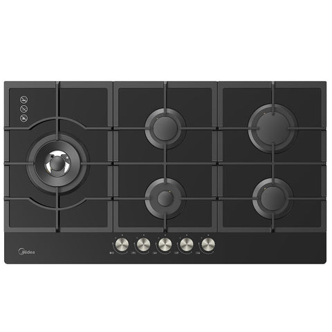Midea 900mm Black Glass Gas Cooktop 5 Zone Cast Iron MCG90GBL