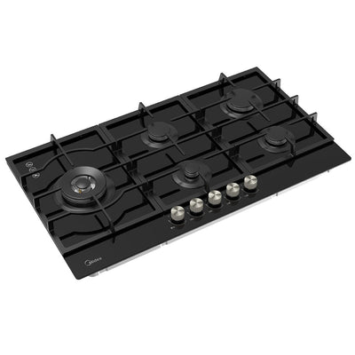 Midea 900mm Black Glass Gas Cooktop 5 Zone Cast Iron MCG90GBL
