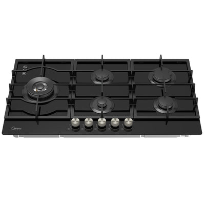 Midea 900mm Black Glass Gas Cooktop 5 Zone Cast Iron MCG90GBL