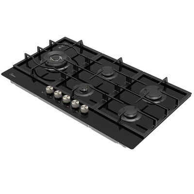 Midea 900mm Black Glass Gas Cooktop 5 Zone Cast Iron MCG90GBL