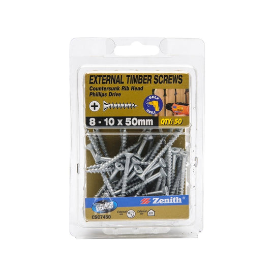Zenith Timber Screws 10 x 50mm Galvanised Countersunk Rib Head 50 Pack - Auzzistore