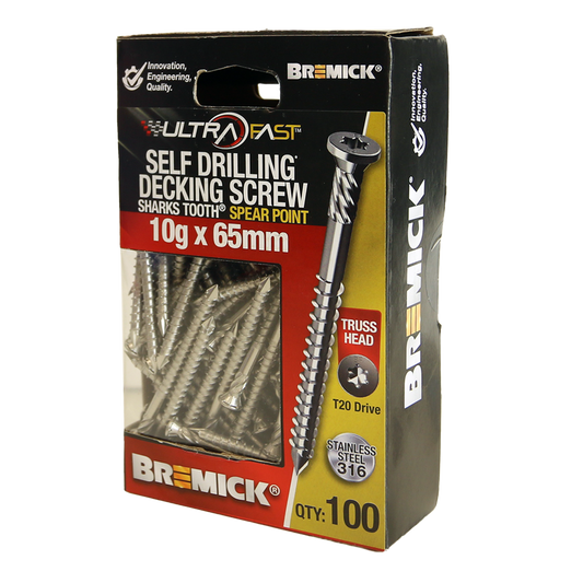 Bremick Ultrafast Stainless Steel 316 T20 Truss Head Screws 100 Pack - 10g x 65mm - Smooth Installation - Auzzistore