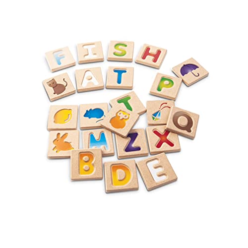 PlanToys Alphabet A-Z Wooden Tiles - 26 Letters & Pictures, Suitable for Ages 2+
