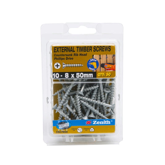 Zenith Timber Screws 10 x 50mm Galvanised Countersunk Ribbed 50 Pack - Auzzistore