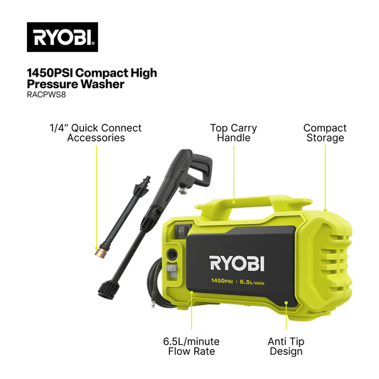 Ryobi 1450 PSI Compact High Pressure Washer - 5.6kg - Lightweight & Portable – view 2 - Auzzistore
