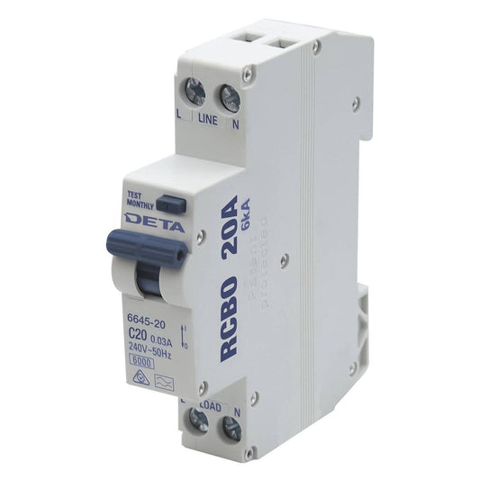 Deta 20A Residual Circuit Breaker with Overload Protection - 18mm - Auzzistore