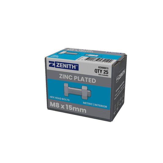 Zenith M8 x 15mm Zinc Plated Hex Head Bolts and Nuts 25 Pack - Durable Fastening Solutions - Auzzistore