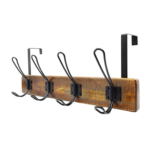 Adoored 4 Hook Rustic Over the Door Rack - 450mm - Black - Easy Installation